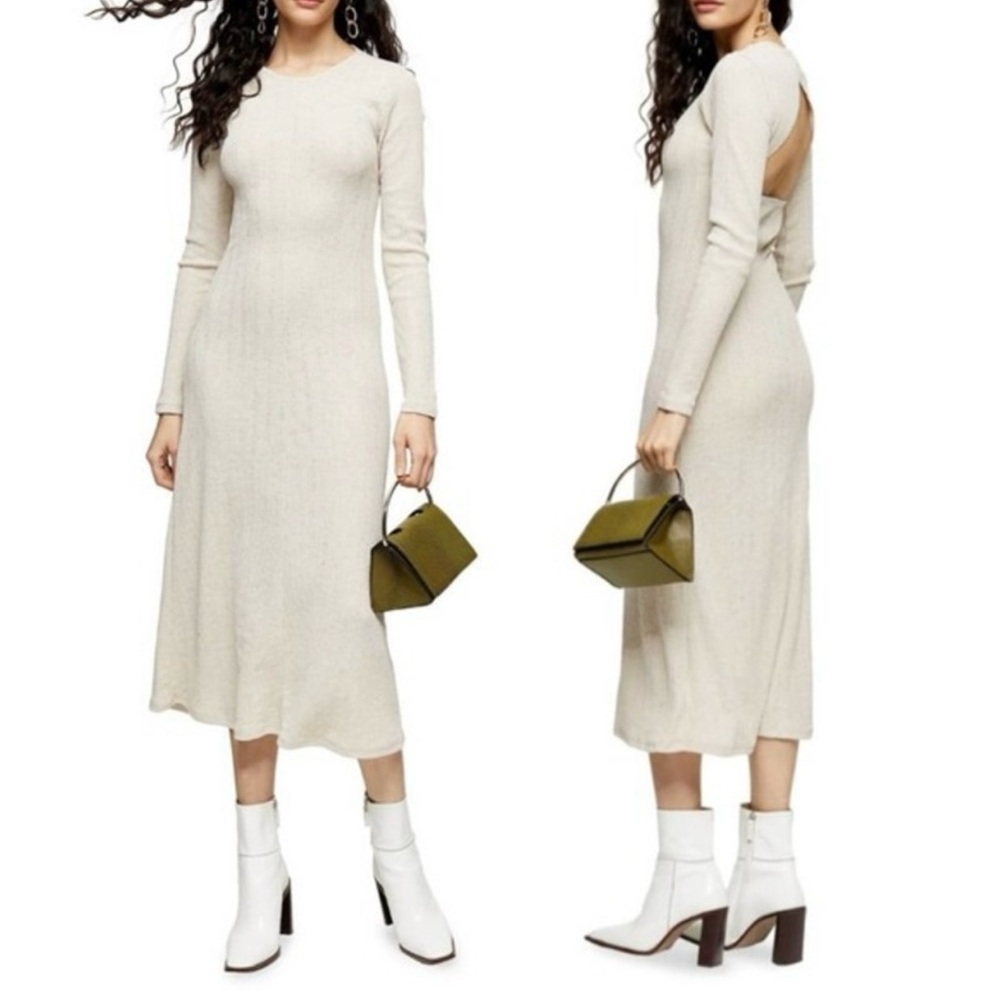 Topshop Women’s 10 Beige Knit Open Back Midi Dress Long Sleeve Bodycon Stretch